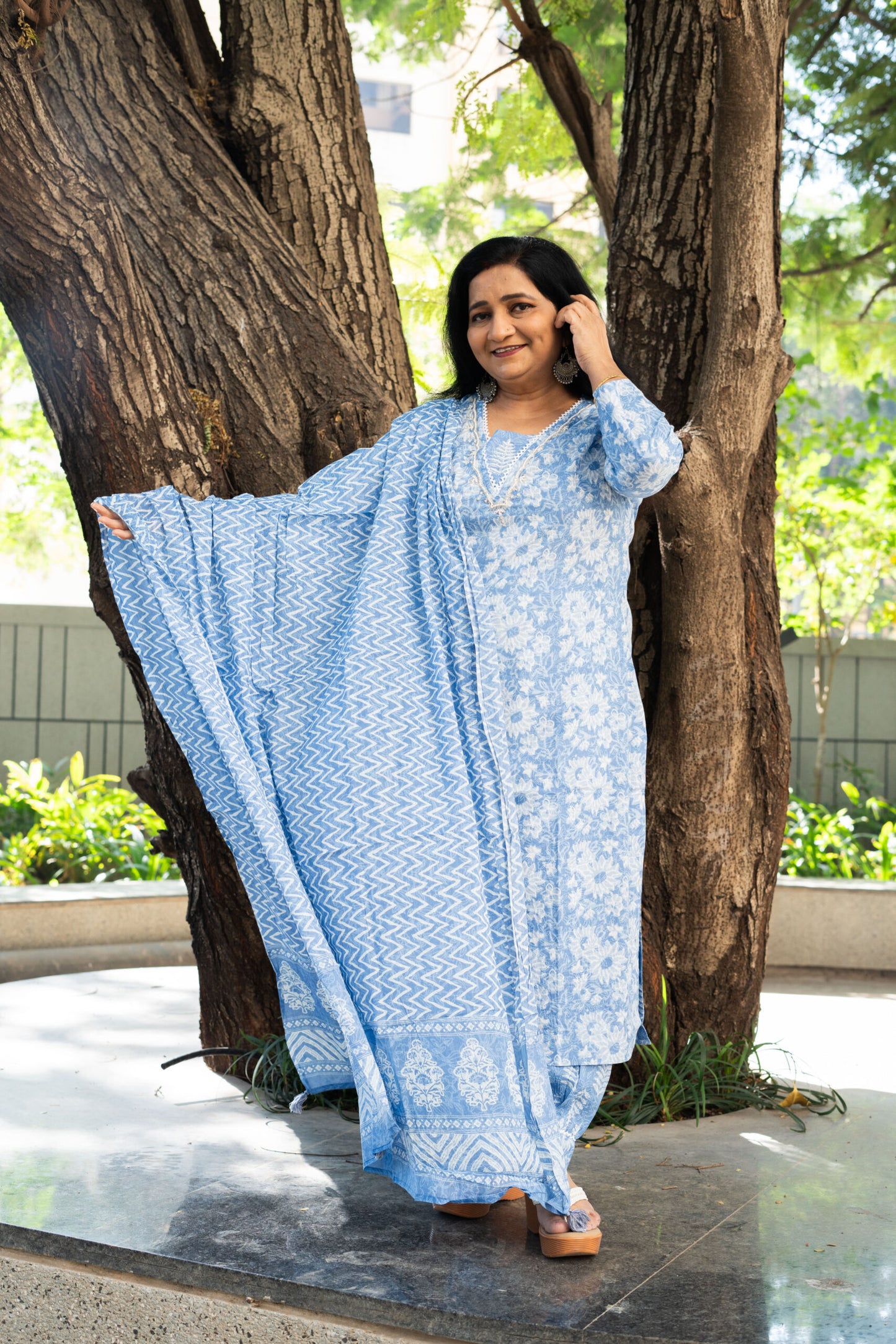 Cerulean Petals Straight Kurta Set With Dupatta