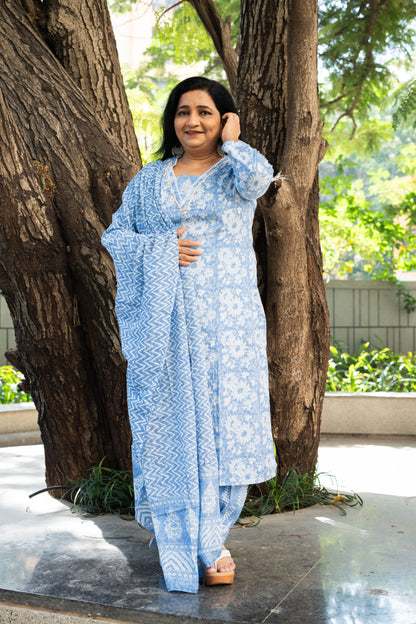 Cerulean Petals Straight Kurta Set With Dupatta