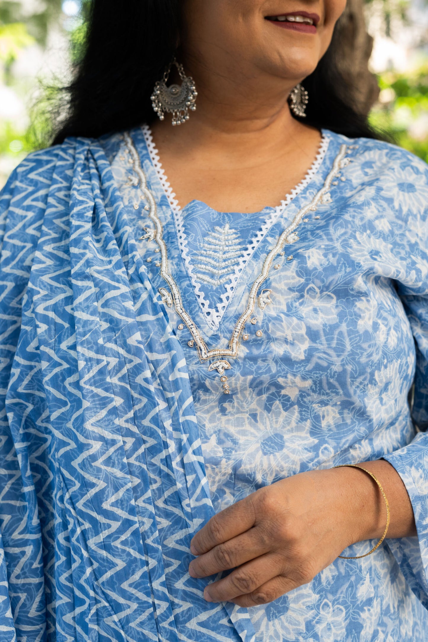 Cerulean Petals Straight Kurta Set With Dupatta