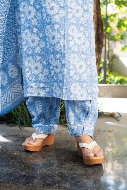 Cerulean Petals Straight Kurta Set With Dupatta