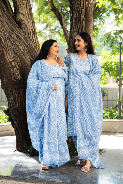 Cerulean Petals Straight Kurta Set With Dupatta