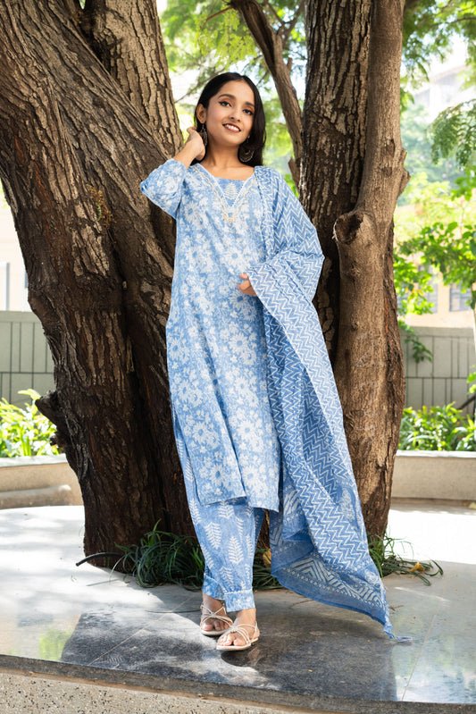 Cerulean Petals Straight Kurta Set With Dupatta