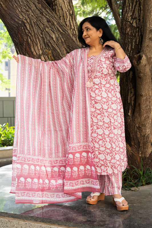 Violet Floral Whispers A-Line Kurta Set With Dupatta