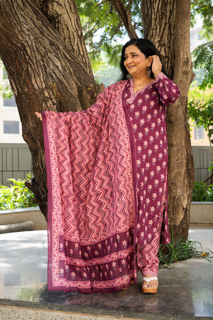 Royal Plum Straight Kurta Set With Dupatta