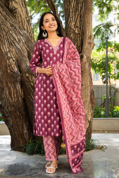 Royal Plum Straight Kurta Set With Dupatta