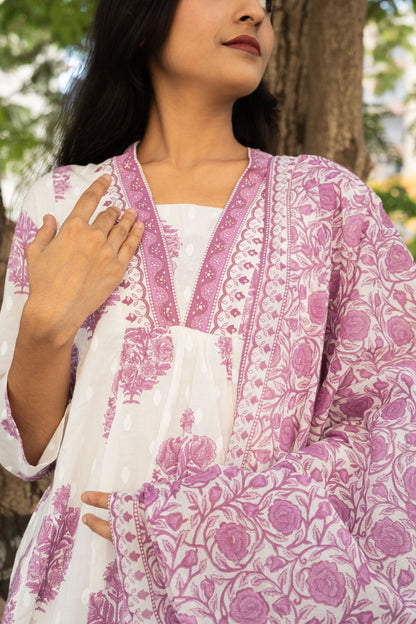 Whispering Lavender Florals A-Line Kurta Set With Dupatta