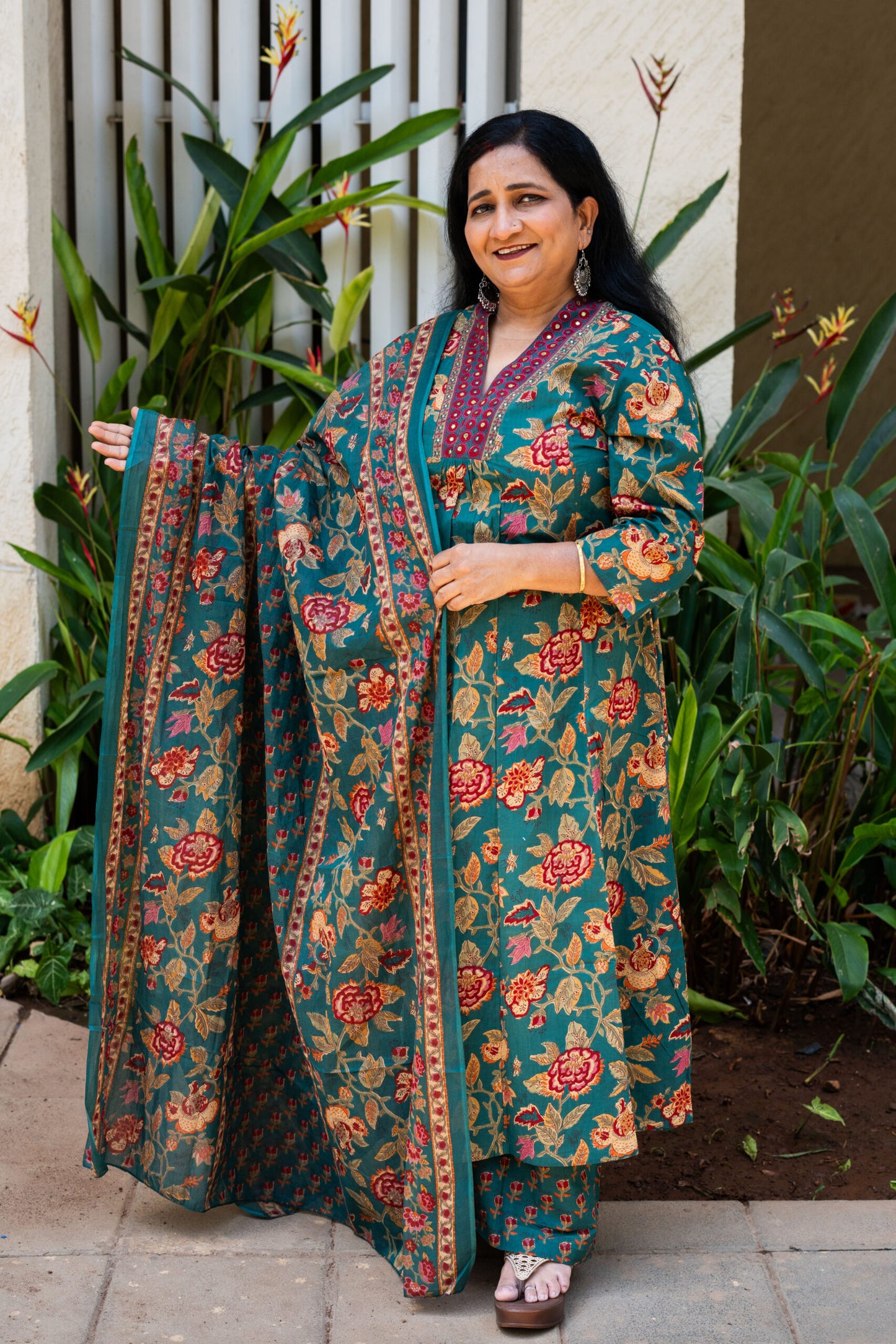 Emerald Bloom A Line Kurta Set With Dupatta