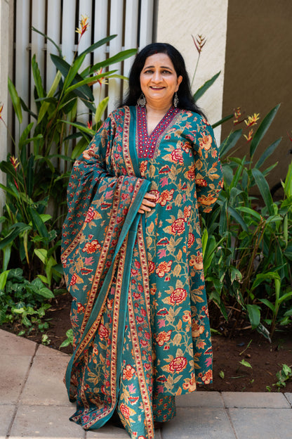 Emerald Bloom A Line Kurta Set With Dupatta