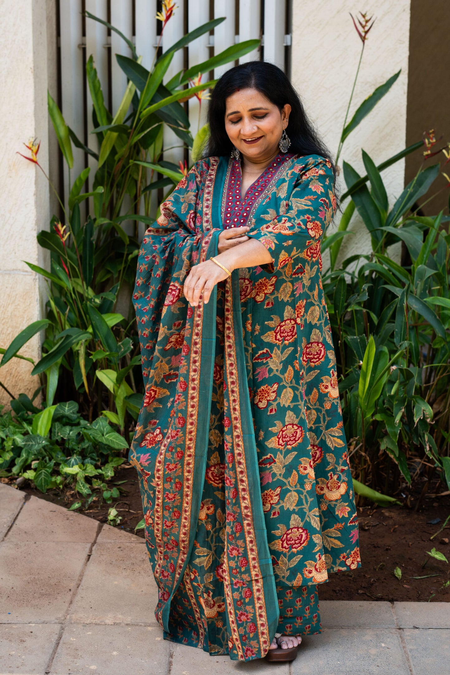 Emerald Bloom A Line Kurta Set With Dupatta