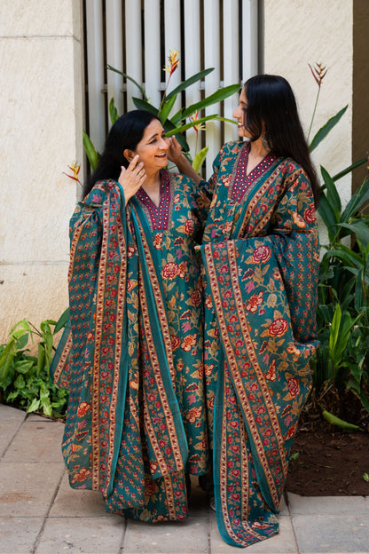 Emerald Bloom A Line Kurta Set With Dupatta