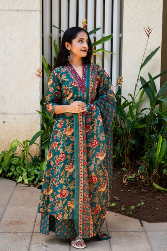 Emerald Bloom A Line Kurta Set With Dupatta