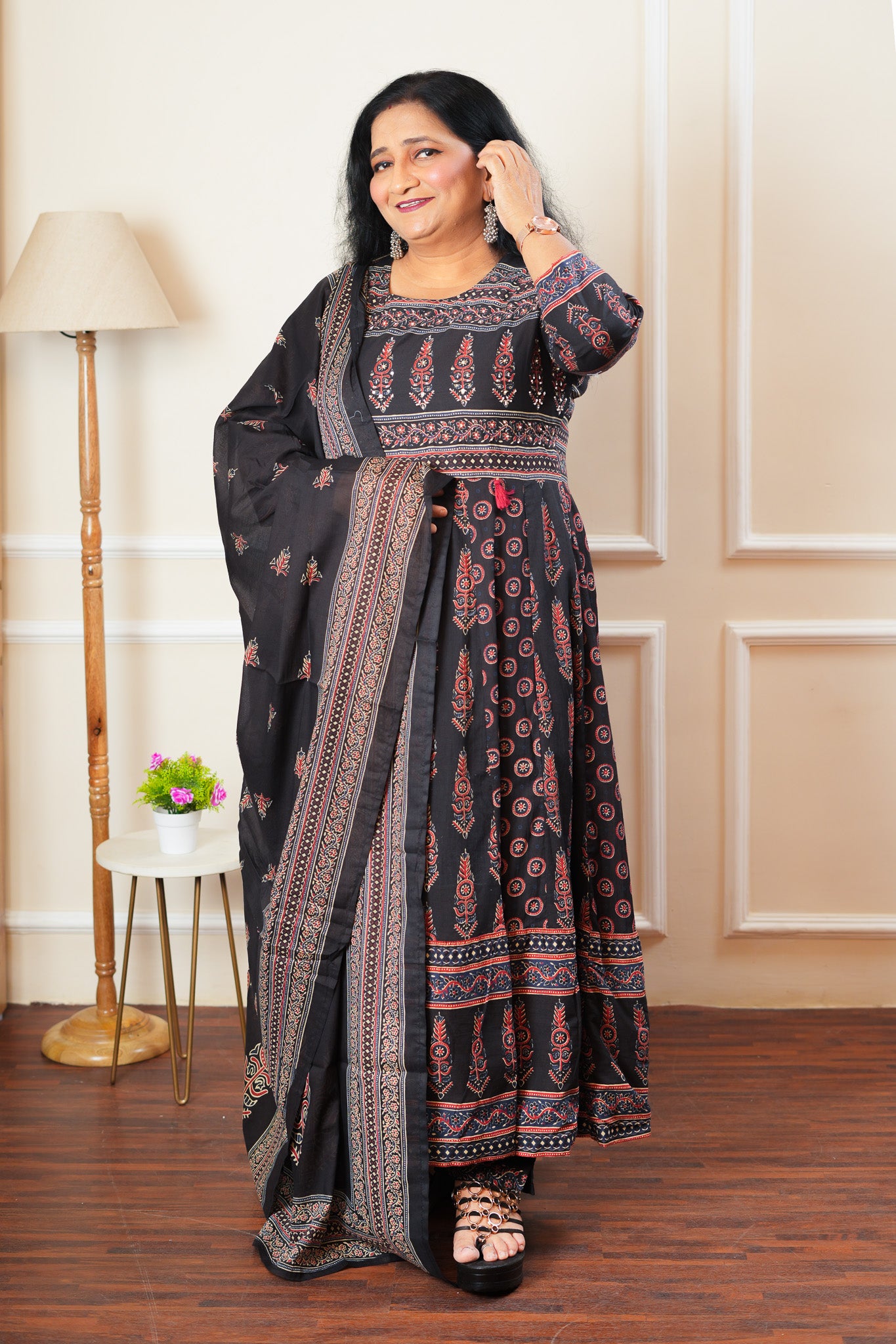 Midnight Indian Mosaic Anarkali Kurta Set With Dupatta