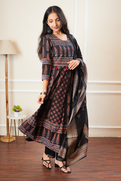 Midnight Indian Mosaic Anarkali Kurta Set With Dupatta