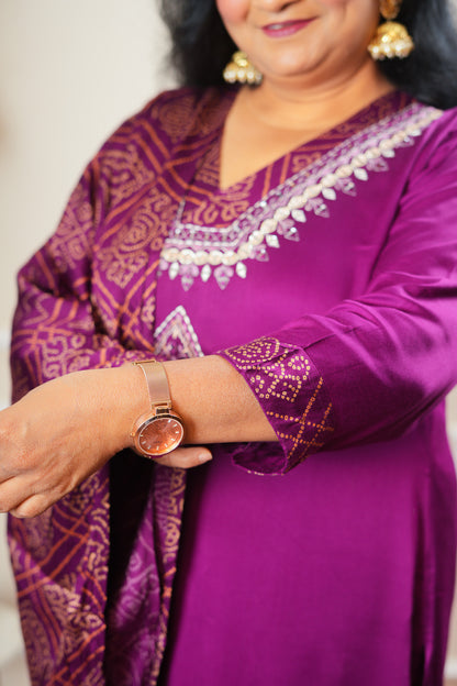 Ethereal Bandhani Kurta Set With Dupatta - Dark Purple