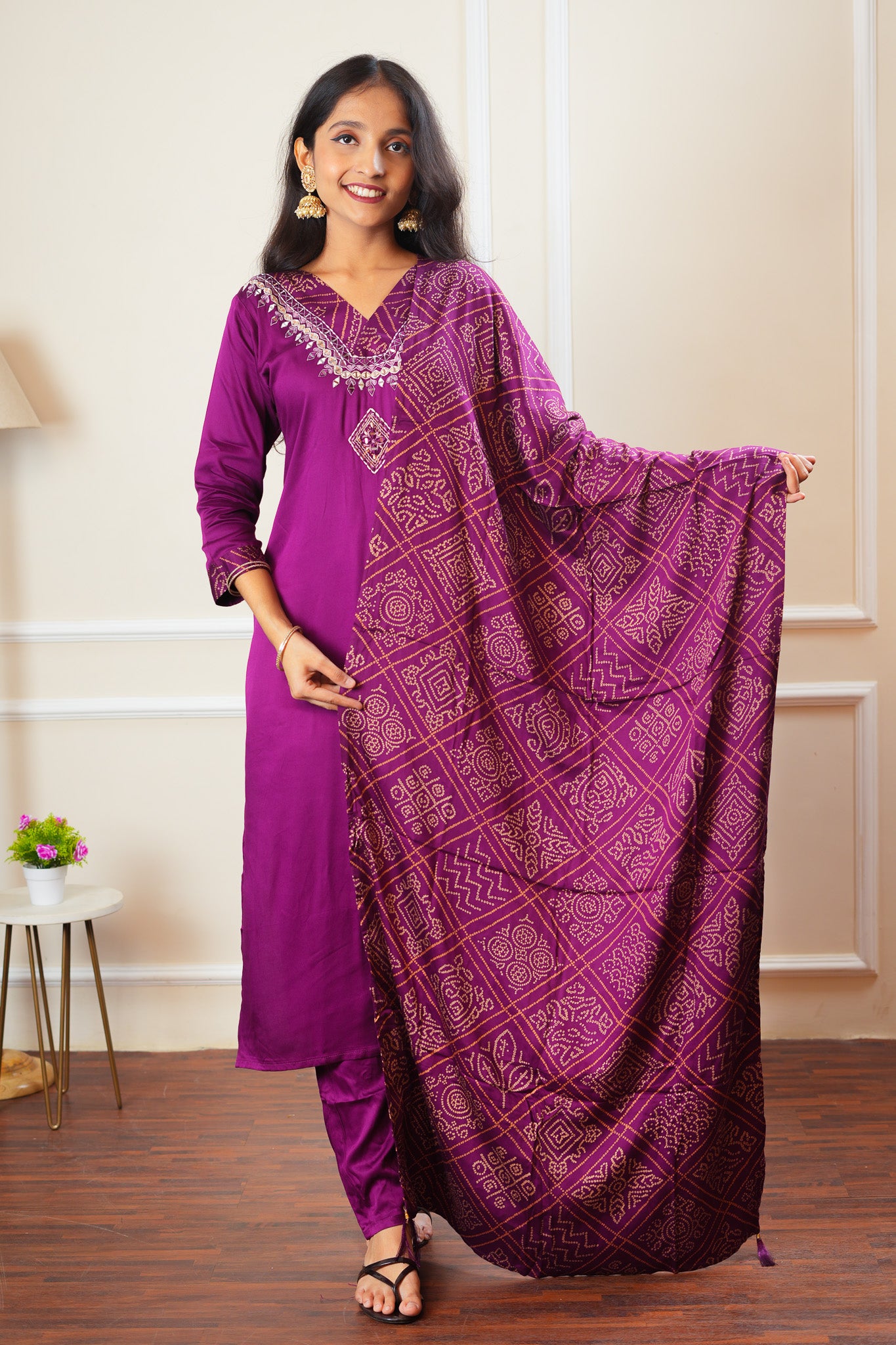 Ethereal Bandhani Kurta Set With Dupatta - Dark Purple