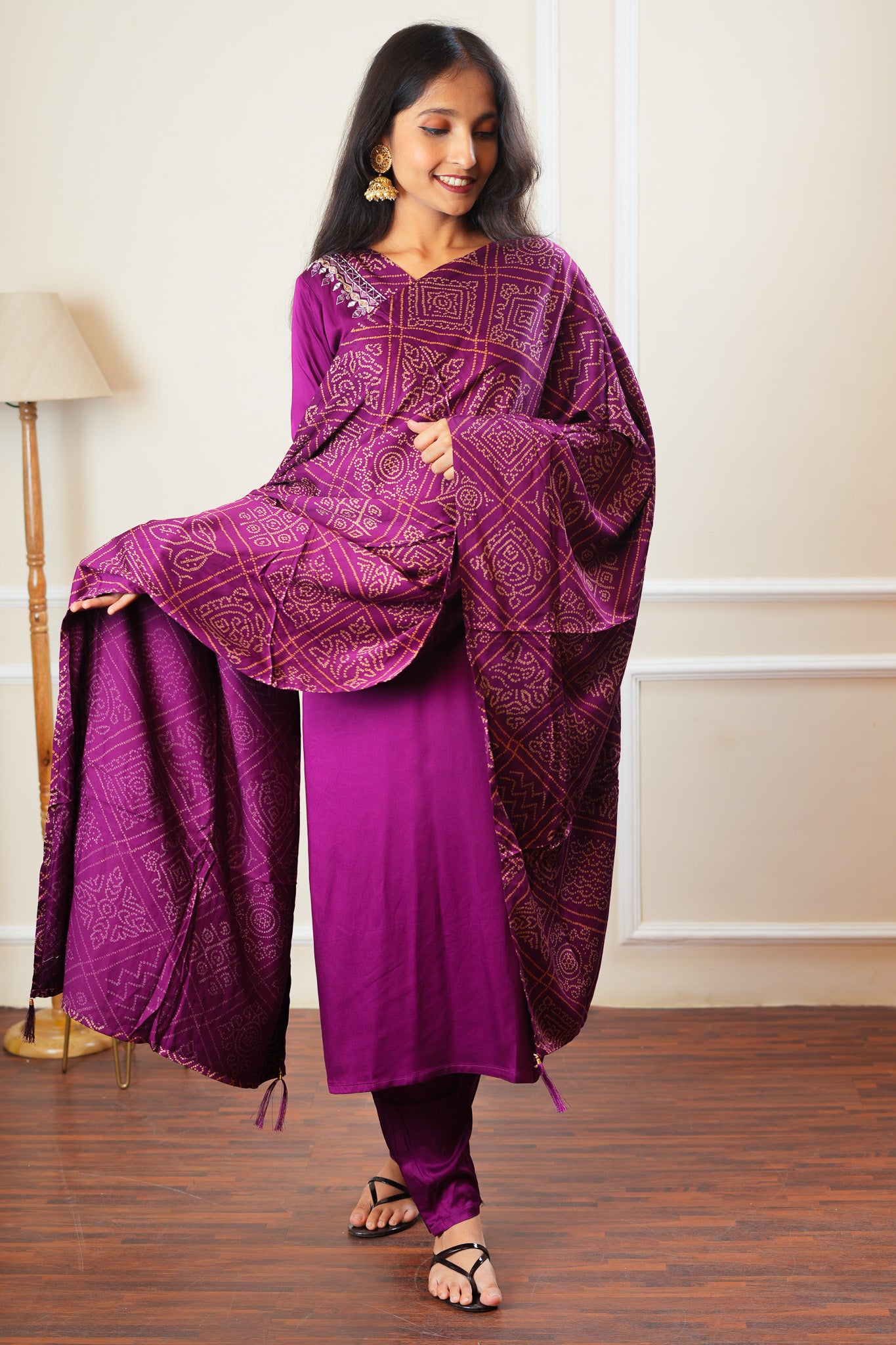 Ethereal Bandhani Kurta Set With Dupatta - Dark Purple