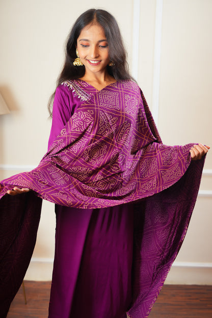 Ethereal Bandhani Kurta Set With Dupatta - Dark Purple