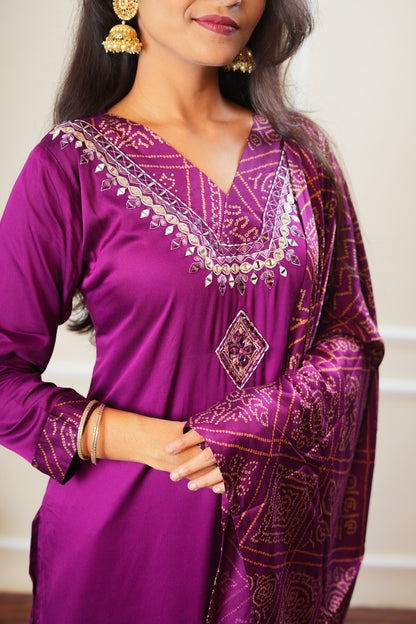 Ethereal Bandhani Kurta Set With Dupatta - Dark Purple