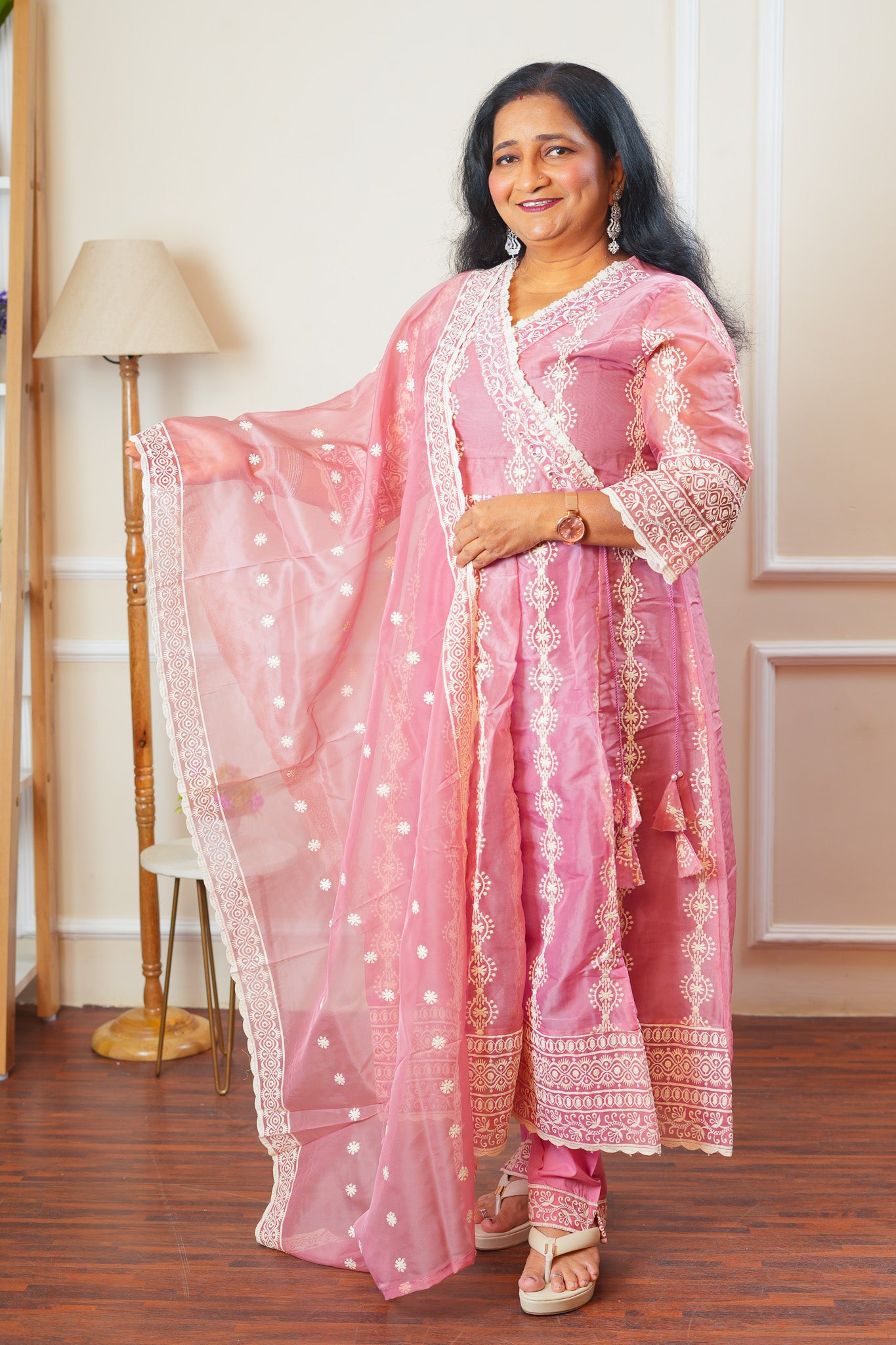 Blushing Bloom Angrakha Kurta Set With Dupatta - Pastel Pink