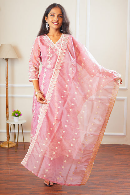 Blushing Bloom Angrakha Kurta Set With Dupatta - Pastel Pink