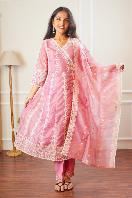 Blushing Bloom Angrakha Kurta Set With Dupatta - Pastel Pink