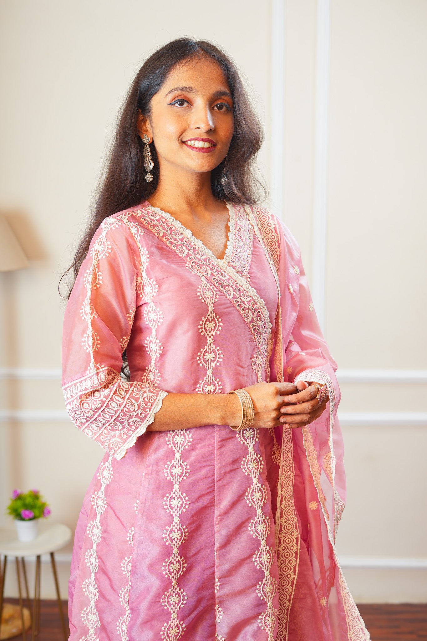 Blushing Bloom Angrakha Kurta Set With Dupatta - Pastel Pink