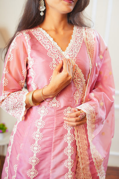 Blushing Bloom Angrakha Kurta Set With Dupatta - Pastel Pink