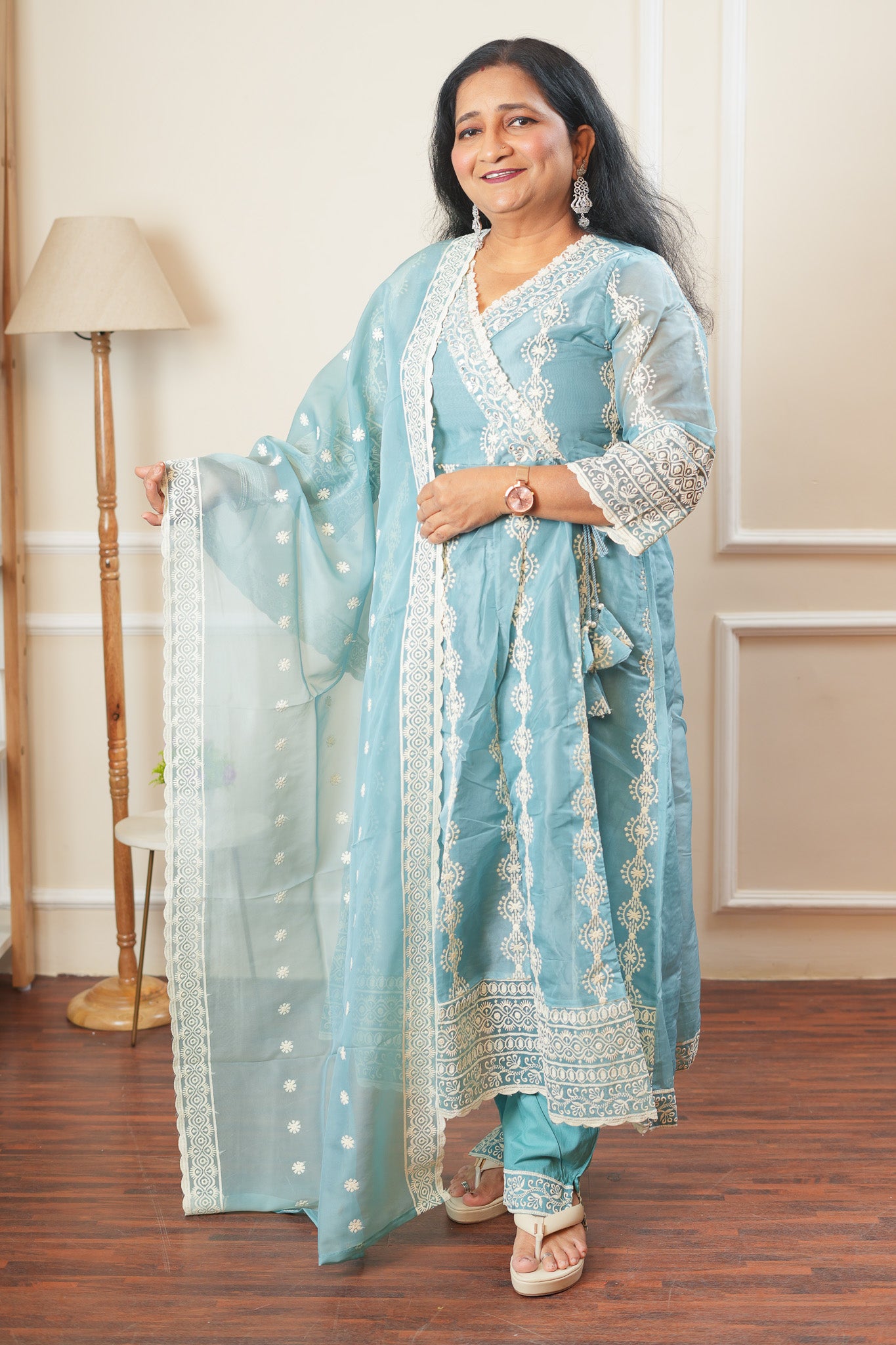 Blushing Bloom Angrakha Kurta Set With Dupatta - Sky Blue