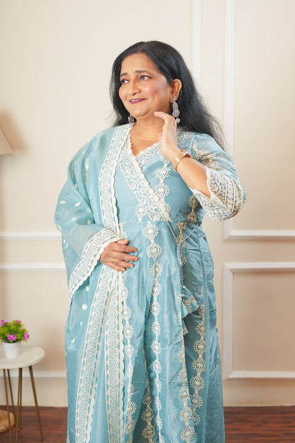 Blushing Bloom Angrakha Kurta Set With Dupatta - Sky Blue