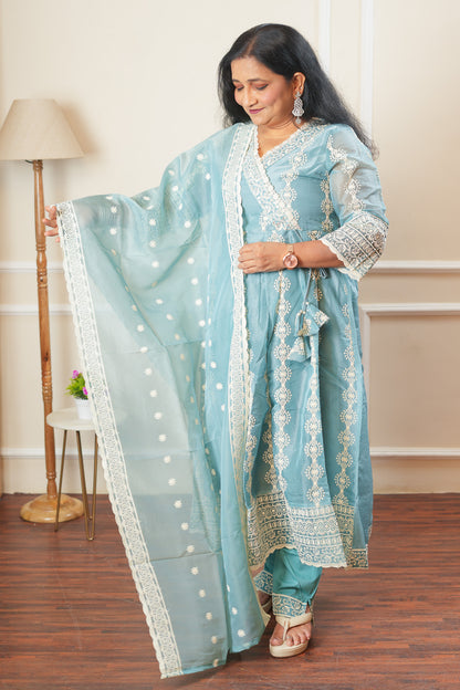 Blushing Bloom Angrakha Kurta Set With Dupatta - Sky Blue