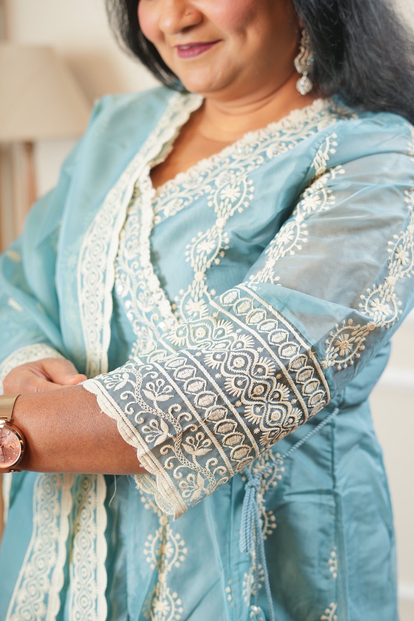 Blushing Bloom Angrakha Kurta Set With Dupatta - Sky Blue