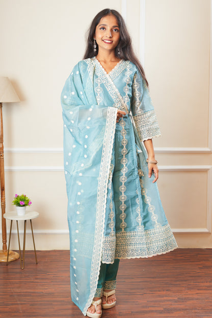 Blushing Bloom Angrakha Kurta Set With Dupatta - Sky Blue