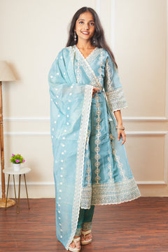 Blushing Bloom Angrakha Kurta Set With Dupatta - Sky Blue