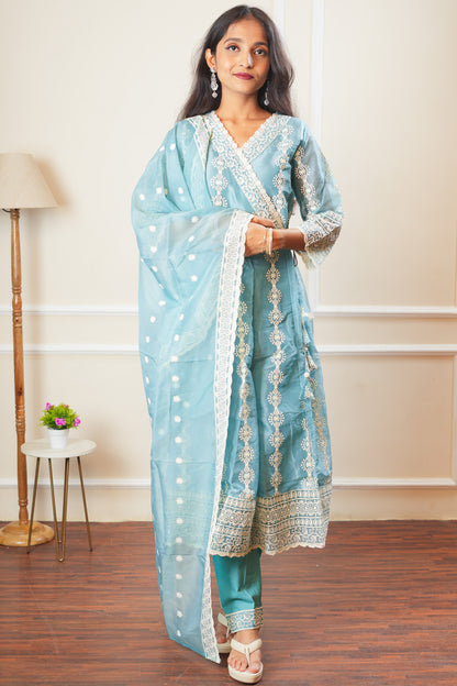 Blushing Bloom Angrakha Kurta Set With Dupatta - Sky Blue