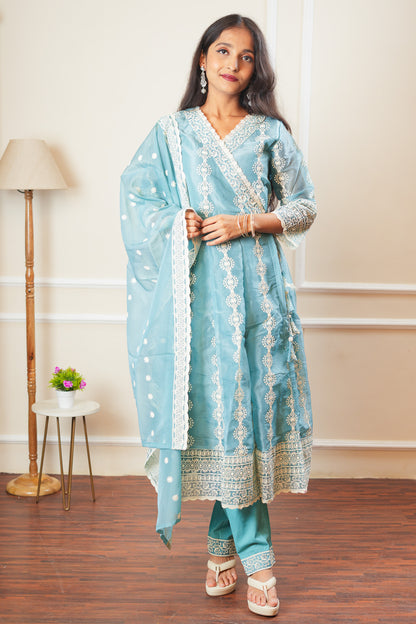 Blushing Bloom Angrakha Kurta Set With Dupatta - Sky Blue