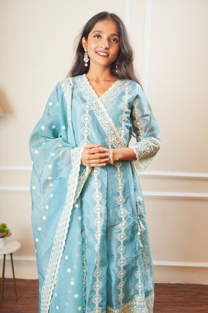 Blushing Bloom Angrakha Kurta Set With Dupatta - Sky Blue