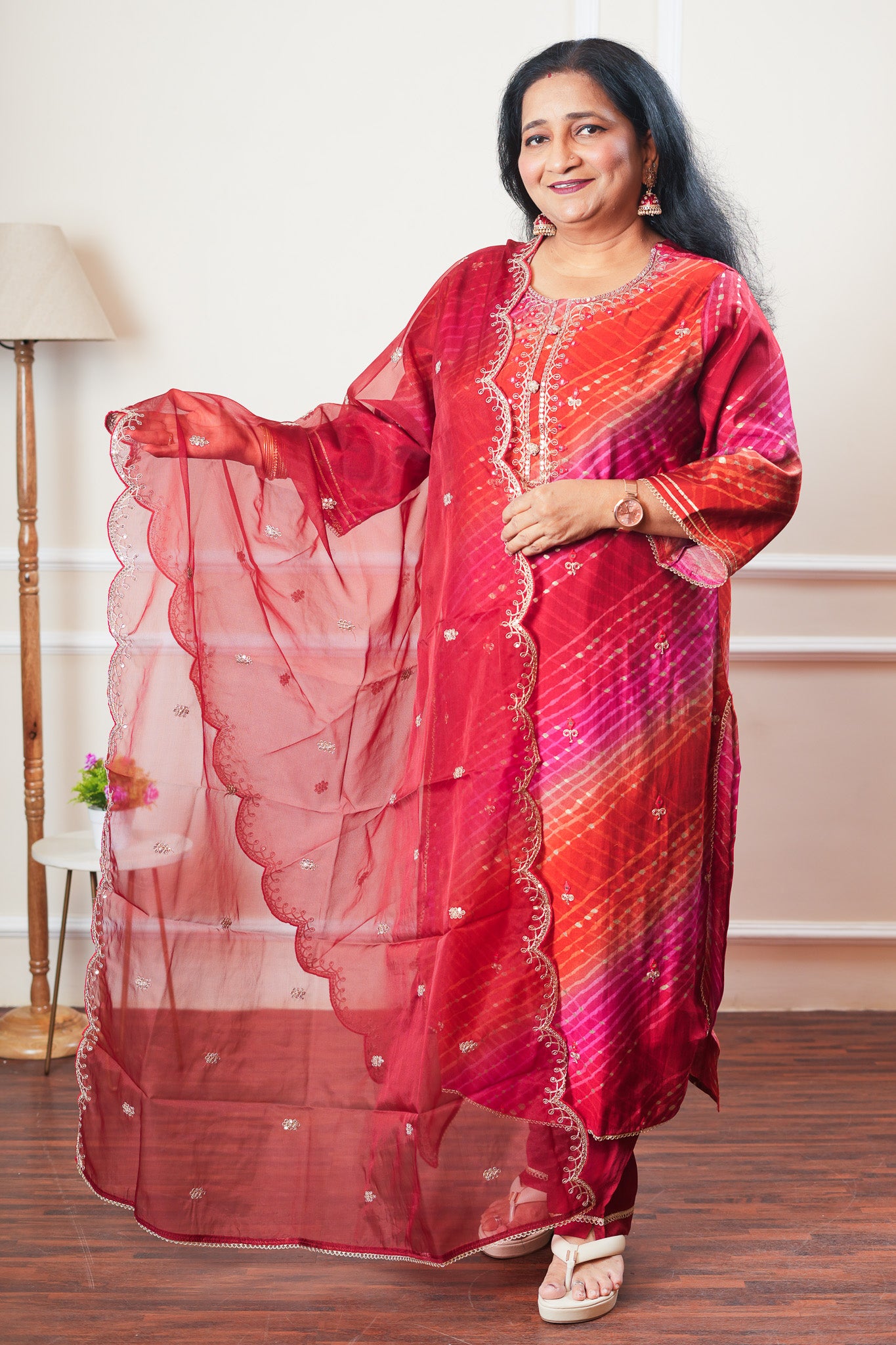 Radiant Leheriya Dreams - Red and Pink Kurta Set With Dupatta