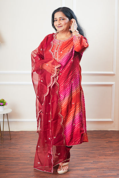 Radiant Leheriya Dreams - Red and Pink Kurta Set With Dupatta