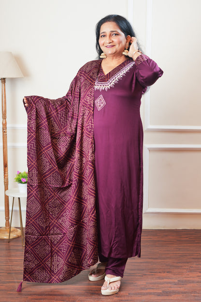 Ethereal Bandhani Kurta Set With Dupatta - Dark Maroon