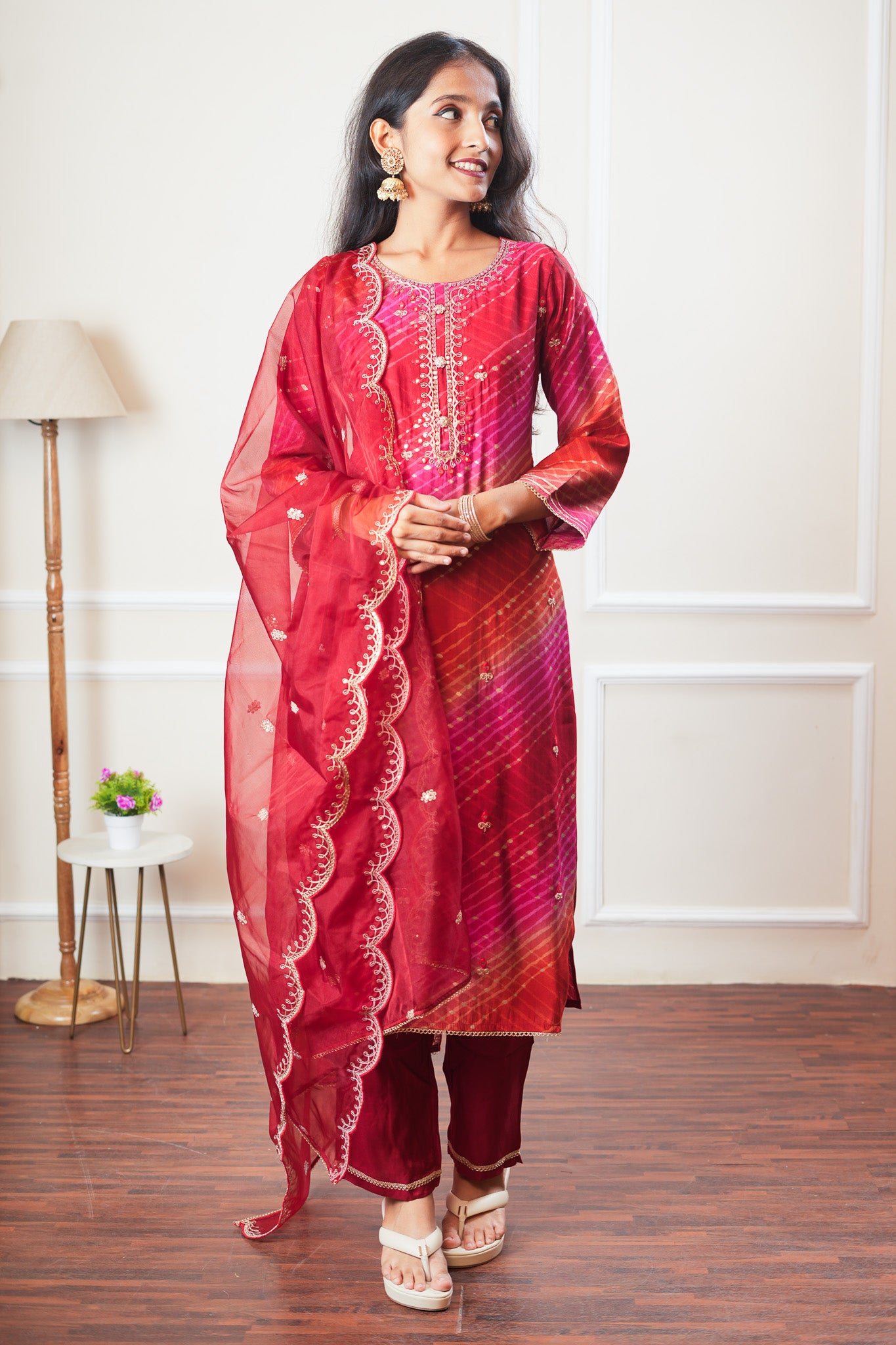 Radiant Leheriya Dreams - Red and Pink Kurta Set With Dupatta