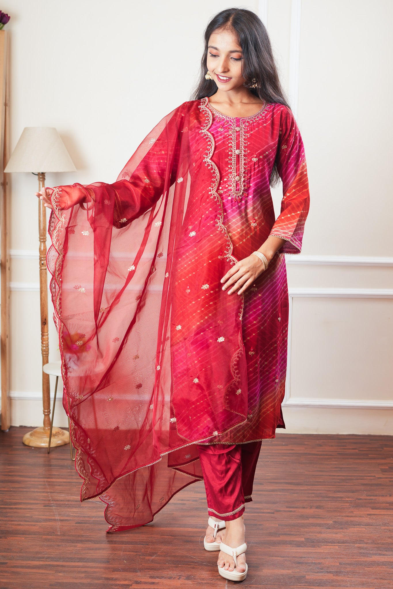 Radiant Leheriya Dreams - Red and Pink Kurta Set With Dupatta