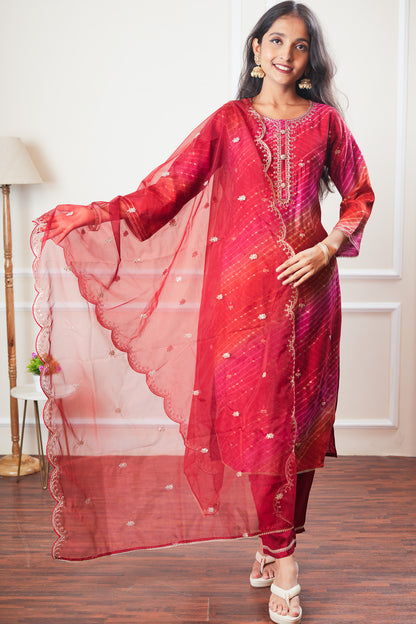 Radiant Leheriya Dreams - Red and Pink Kurta Set With Dupatta