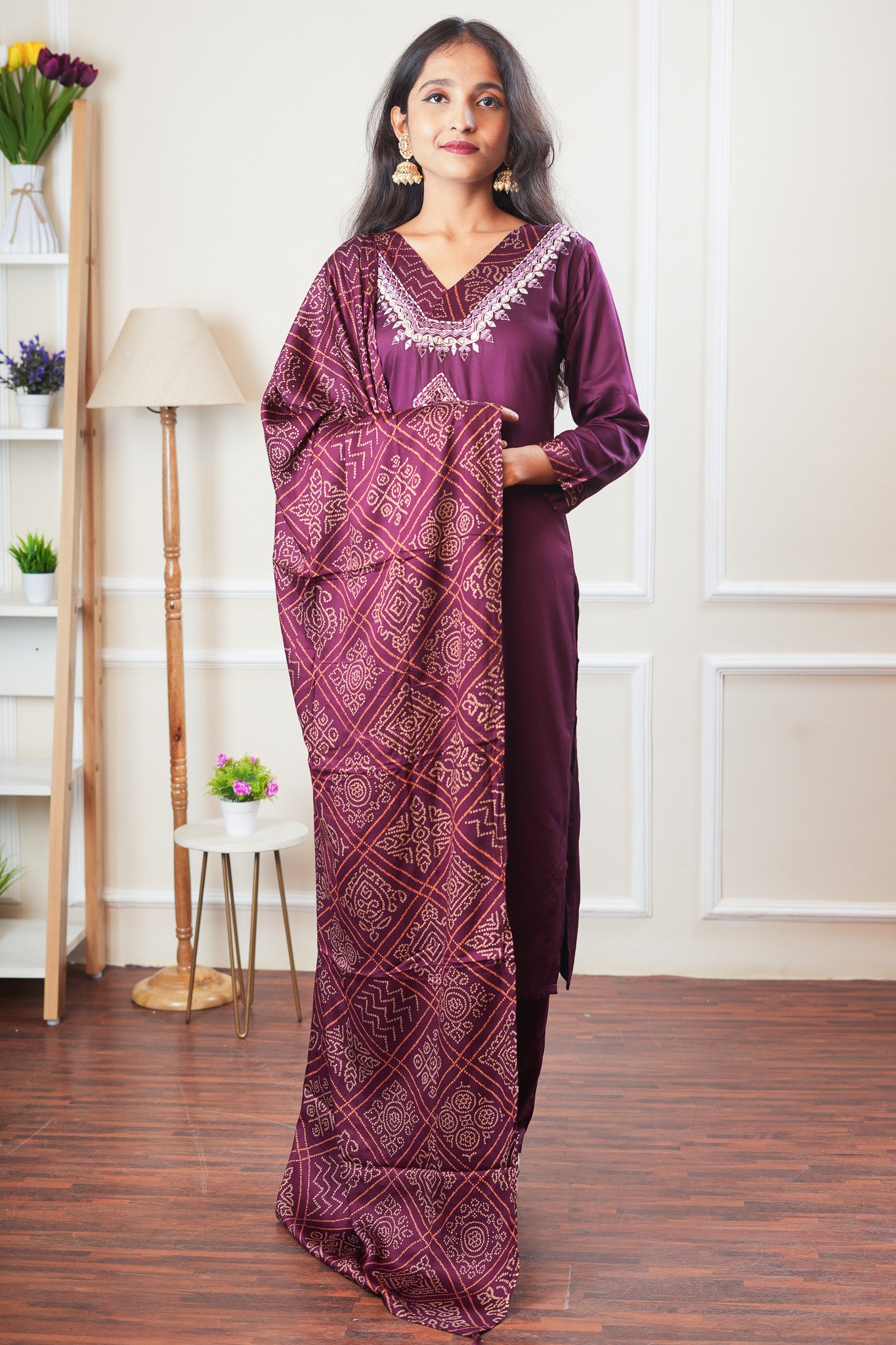 Ethereal Bandhani Kurta Set With Dupatta - Dark Maroon