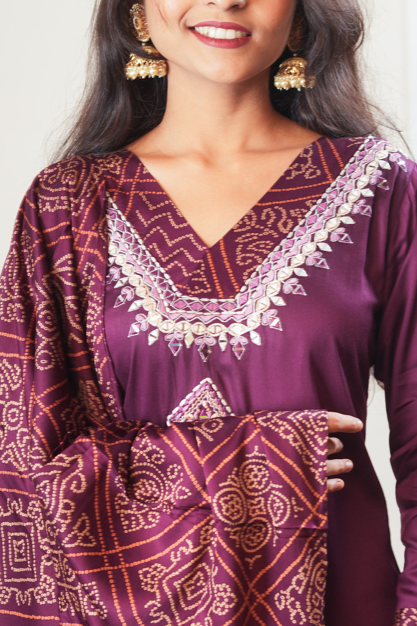 Ethereal Bandhani Kurta Set With Dupatta - Dark Maroon