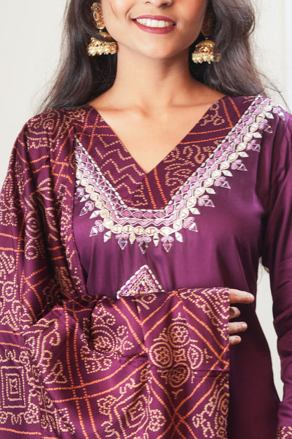 Ethereal Bandhani Kurta Set With Dupatta - Dark Maroon