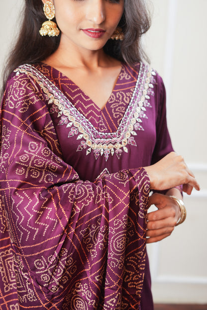 Ethereal Bandhani Kurta Set With Dupatta - Dark Maroon