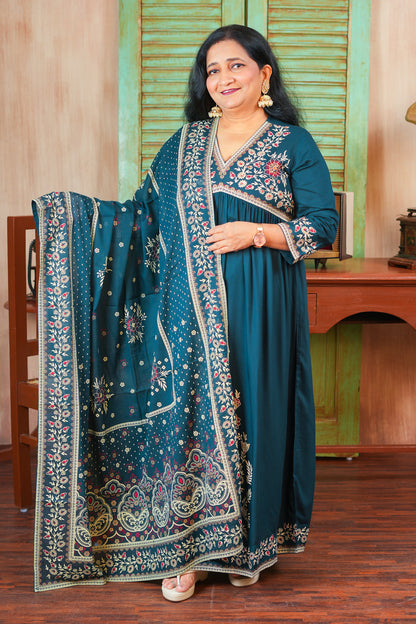 Mystic Majesty Kurta Set With Dupatta - Dark Teal