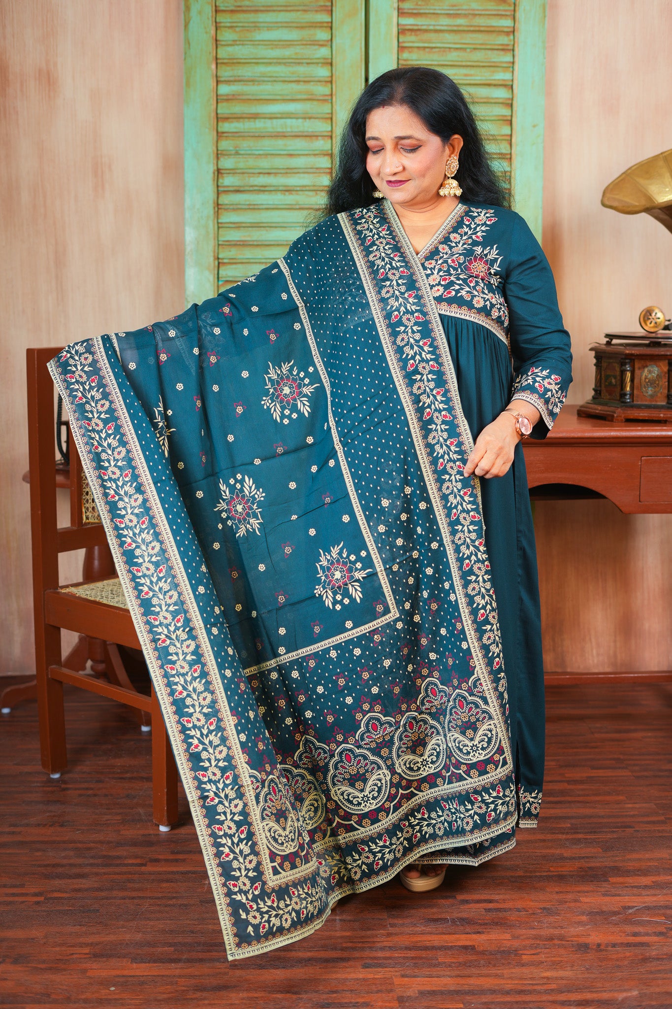 Mystic Majesty Kurta Set With Dupatta - Dark Teal