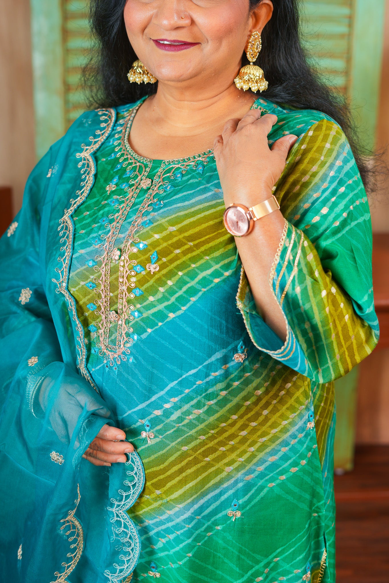 Radiant Leheriya Dreams - Blue and Green Kurta Set With Dupatta