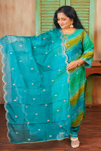 Radiant Leheriya Dreams - Blue and Green Kurta Set With Dupatta